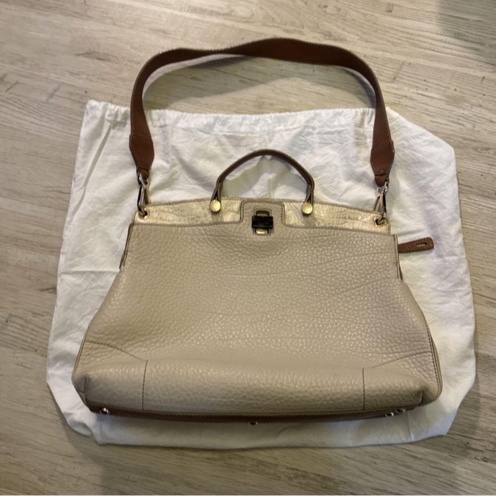 Beige Pebbled Leather Tote Bag with Brown Strap
